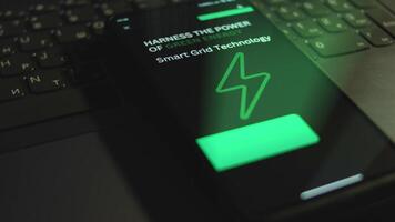 Harness the power of green energy. Smart Grid Technology. Inscription on smartphone screen. Graphic presentation with Energy symbol on black background. Power and energy concept. Light rays video