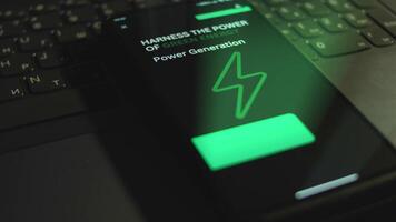 Harness the power of green energy. Power Generation. Inscription on smartphone screen. Graphic presentation with Energy symbol on black background. Power and energy concept. Light rays video