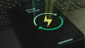 energie opslagruimte opschrift Aan smartphone scherm. grafisch presentatie met roterend energie symbool Aan zwart achtergrond. licht stralen. macht en energie concept video