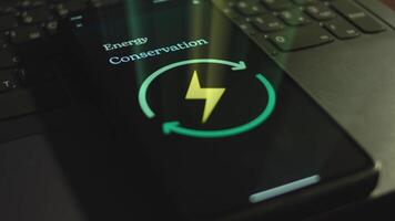 Energy Conservation inscription on smartphone screen. Graphic presentation with Renewable Energy symbol on black background. Light rays. Power and Energy concept video