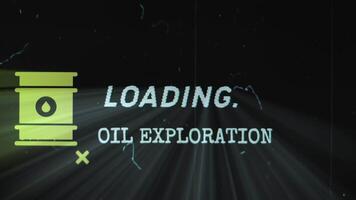 Oil Exploration Loading inscription on black background with old film effect. Graphic presentation with oil barrel symbol. Oil and Gas concept video