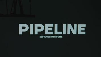 Pipeline Infrastructure inscription on black background. Graphic presentation with oil platform symbol and charging battery. Oil and gas concept video