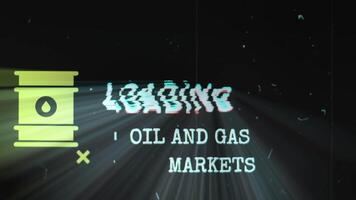 Oil and Gas Markets Loading inscription on black background with old film effect. Graphic presentation with petroleum barrel symbol. Oil and Gas concept video