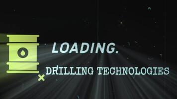 Drilling Technologies Loading inscription on black background with old film effect. Graphic presentation with petroleum barrel symbol. Oil and Gas concept video