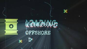 offshore boren bezig met laden opschrift Aan zwart achtergrond met oud film effect. grafisch presentatie met petroleum vat symbool. olie en gas- concept video