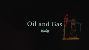 Oil and Gas Markets inscription on abstract fire flames background. Graphic presentation of oil and gas rig platform symbol. Oil and Gas concept video