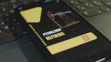 Petroleum Refining inscription on smartphone screen. Graphic presentation with oil drilling platform symbol. Oil and gas concept video