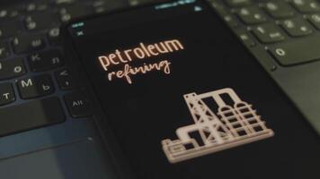 Petroleum Refining inscription on smartphone screen with black background. Graphic presentation with oil production plant silhouette. Oil and gas concept video