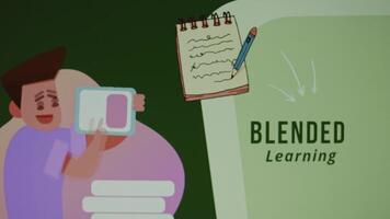 Blended education inscription on green and light green background. Illustration of a boy swiping on a tablet and pencil writing in a notebook. Education concept. Blurred video