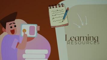 Learning resources inscription on brown and eggshell color background. Illustration of a boy swiping on a tablet and pencil writing in a notebook. Education concept. Blurred video