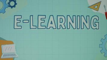 E learning inscription on illustrated light blue background. Education concept. Blurred video