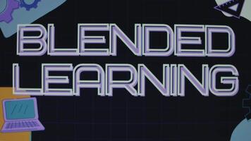 Blended learning inscription on illustrated background. Computer, gears and screwdriver drawings on black background. Education concept. Blurred video