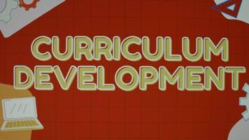 Curriculum development inscription on animated red background with gears and notebook illustrations. Education concept. Blurred video