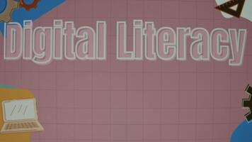 Digital literacy inscription on animated pink background with gears and notebook illustrations. Education concept. Blurred video