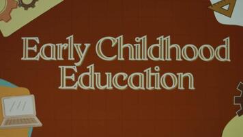 Early childhood education inscription on a brown chalkboard background with illustrations. Education concept. Blurred video