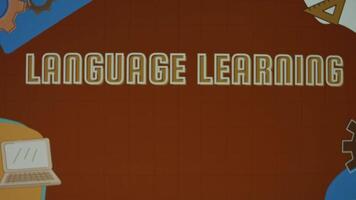 Language learning inscription on a brown chalkboard background with illustrations. Education concept. Blurred video