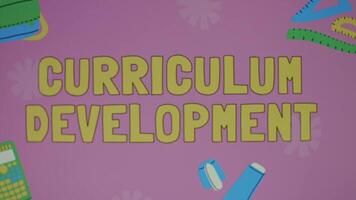 Time to Curriculum development inscription on green and pink background with school supplies drawings. Process of developing and improving the curriculum. Education concept. Blurred video