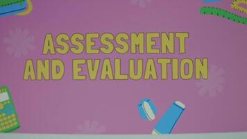 Time to Assessment and evaluation inscription on changing color background. Examining student's knowledge. Education concept. Blurred video