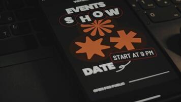 Virtual events. Event show date dedicated to Virtual events. Graphic presentation on smartphone screen. Male hand flapping fingers cheerfully. Entertainment concept video