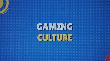 Gaming culture inscription on blue background. Graphic presentation with dynamically changing colored shapes. Entertainment concept video