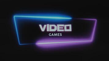 Video games lighting inscription on black background. Graphic presentation with a dynamic neon frame of pink and blue colors. Entertainment concept