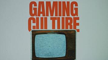 Gaming culture inscription on grey background with image of a vintage TV set, VHS effect on TV. Graphic presentation. Entertainment concept video