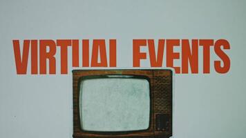 Virtual events inscription on grey background with image of a vintage TV set, VHS effect on TV. Graphic presentation. Entertainment concept video