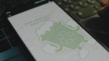 Eco friendly practices inscription on smartphone screen. Recycle sign on a green friendly plastic cup image on grey background. Environment concept. Male hand flapping fingers cheerfully video