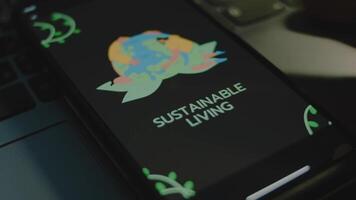 Sustainable living inscription on black background on smartphone screen. Drawn image of two humans hugging Planet Earth. Environment concept. Male hand flapping fingers cheerfully video