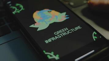Green infrastructure inscription on black background on smartphone screen. Drawn image of two humans hugging Planet Earth. Environment concept. Male hand flapping fingers cheerfully video