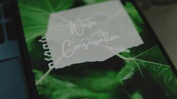 Water Conservation inscription on smartphone screen. Graphic presentation with green leaves and rain drops. Environment concept video