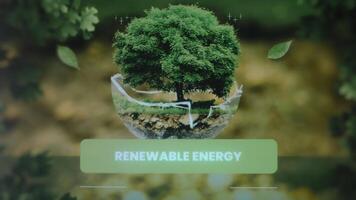 Renewable Energy inscription. Graphic presentation with a green tree on background of falling leaves. Environment concept video