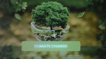 Climate Change inscription. Graphic presentation with a green tree on background of falling leaves. Environment concept video