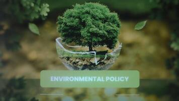 Environmental Policy inscription. Graphic presentation with a green tree on background of falling leaves. Environment concept video