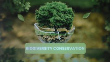 Biodiversity Conservation inscription. Graphic presentation with a green tree on background of falling leaves. Environment concept video