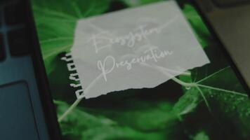 Ecosystem Preservation inscription on smartphone screen. Graphic presentation with green nature and rain drops background. Environment concept video