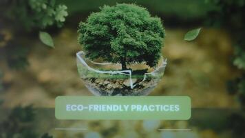 Eco friendly Practices inscription. Graphic presentation with a green tree in a glass bowl and green nature on background. Environment concept video