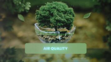 Air Quality inscription. Graphic presentation with a green tree on background of falling leaves. Environment concept video