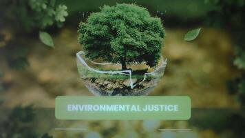 Environmental Justice inscription. Graphic presentation with green nature and healthy soil background and big tree in the center. Environment concept video