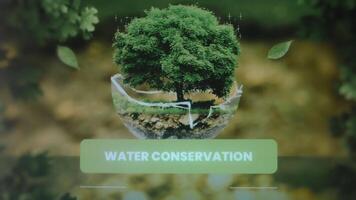 Water Conservation inscription. Graphic presentation with a green tree in a glass bowl and green nature on background. Environment concept video