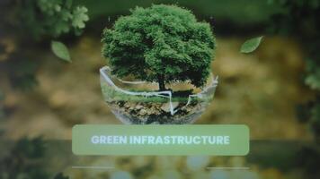 Green Infrastructure inscription. Graphic presentation with green nature and healthy soil background and big tree in the center. Environment concept video