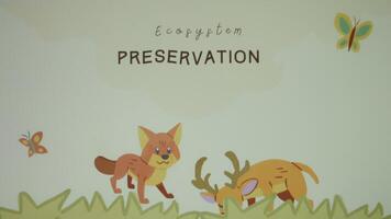 Ecosystem Preservation inscription. Graphic presentation with happy wild animals. Environment concept video