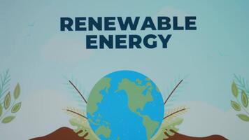 Renewable Energy inscription on blue background. Graphic presentation of Planet Earth rotating. Environment concept video