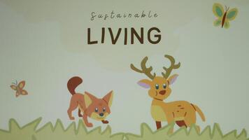 Sustainable Living inscription. Graphic presentation with animated wild animals eating grass. Environment concept video