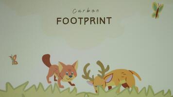 Carbon Footprint inscription. Graphic presentation with animated reindeer and fox. Environment concept video