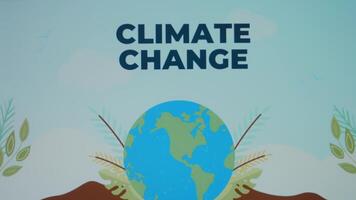Climate Change inscription on blue background. Graphic presentation of Planet Earth rotating. Environment concept video
