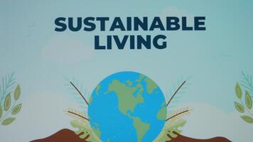 Sustainable Living inscription on blue background. Graphic presentation of Planet Earth rotating. Environment concept video