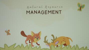 Natural Resource Management inscription. Graphic presentation with happy wild animals. Environment concept video