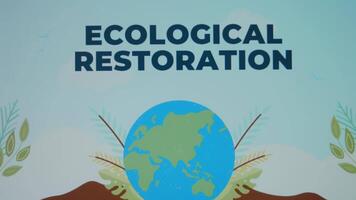 Ecological Restoration inscription on blue background. Graphic presentation of Planet Earth rotating. Environment concept video