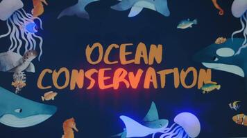 Ocean Conservation inscription on dark blue background. Graphic presentation with animated floating ocean animals. Environment concept video